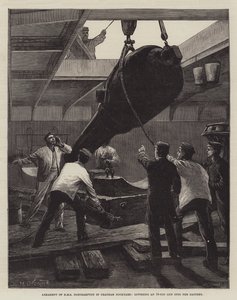 Uzbrojenie HMS Northampton w Chatham Dockyard, opuszczające 18-tonowe działo do baterii autorstwa William Heysham Overend