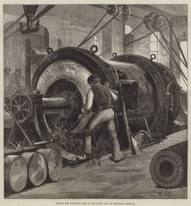 Wytaczanie cewki czopowej 81-tonowego pistoletu w Woolwich Arsenal autorstwa William Heysham Overend
