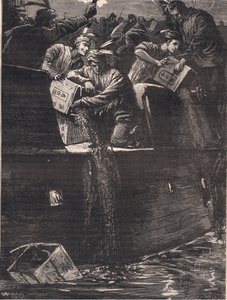 Bostońscy chłopcy przebrani za Indian wrzucających skrzynie z herbatą do portu AD 1773 r.