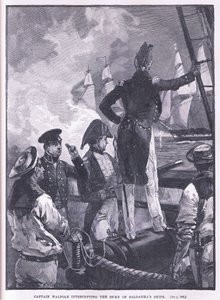 Kapitan Walpole przechwytuje okręty księcia Saldanha. autorstwa William Heysham Overend