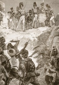 Zwolennicy Carmichaela strzelali do gęstej gromady mężczyzn przed nimi, ilustracja z „Bitwy XIX wieku” Archibalda Forbesa, G.A. Henty i major Arthur Griffiths