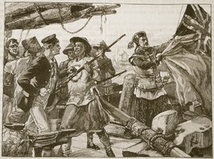 Chińscy oficerowie ciągnący flagę brytyjską na „strzałce”, 8 października 1856, ilustracja z „Ilustrowanej historii Anglii Cassella” (zdjęcie w sepii)