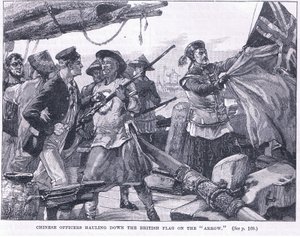 Chińscy oficerowie ciągnący brytyjską flagę „Strzałką” 1856 AD
