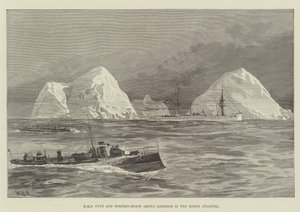 HMS Tyne i łodzie torpedowe wśród gór lodowych na Północnym Atlantyku autorstwa William Heysham Overend
