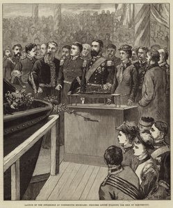 Wystrzelenie Inflexible w Portsmouth Dockyard, księżniczka Louise uruchamiająca statek elektrycznie autorstwa William Heysham Overend