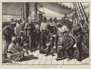 Pan Stanley i niektórzy z jego afrykańskich zwolenników na pokładzie HMS Industry autorstwa William Heysham Overend
