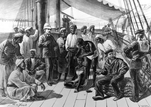 Pan Stanley i niektórzy z jego afrykańskich zwolenników na pokładzie HMS Industry, opublikowano w „The Illustrated London News”, 5 stycznia 1878 r.