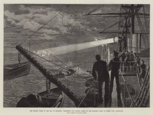 Brytyjska flota na Morzu Marmora w poszukiwaniu łodzi torpedowych przy elektrycznym świetle na pokładzie HMS Agincourt autorstwa William Heysham Overend