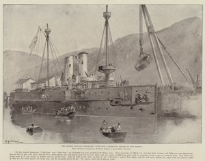 Chiński pancernik Chen-Yuen poddawany naprawie w Port Arthur