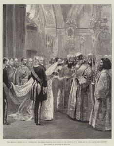 Ślub cesarski w Petersburgu, panna młoda przed ślubem otrzymuje wodę święconą w kościele św. autorstwa William Heysham Overend