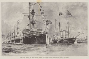 Przegląd Marynarki Wojennej, Królewski Jacht Victoria and Albert przechodzący przez Linie Floty autorstwa William Heysham Overend