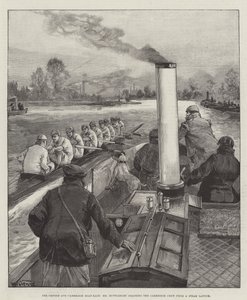 Oxford i Cambridge Boat-Race, pan Muttlebury szkoli załogę Cambridge przed startem Steam