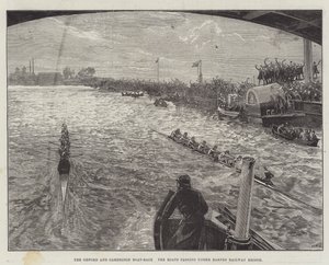 Wyścig łodzi Oxford i Cambridge, łodzie przepływające pod mostem kolejowym Barnes. autorstwa William Heysham Overend