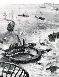 Książę Walii i książę Edynburga kładą kamień węgielny pod nową latarnię morską Eddystone, ilustracja z „The Illustrated London News”, 1879 autorstwa William Heysham Overend
