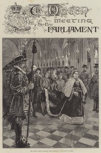 Królowa spotyka się z nowym parlamentem, przechodząc przez korytarz do Izby Lordów autorstwa William Heysham Overend