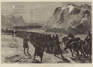 Rebelia na północno-zachodnim terytorium Kanady, wojska kolonialne maszerujące po lodzie w zatoce Nepigon, Lake Superior autorstwa William Heysham Overend
