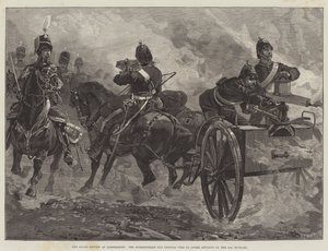Królewski przegląd w Aldershott, działo Nordenfeldt otwiera ogień, by osłaniać natarcie 10. huzarów.