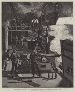 Sytuacja w Souakim, HMS Albacore ostrzeliwuje siły Osmana Digna za pomocą światła elektrycznego autorstwa William Heysham Overend