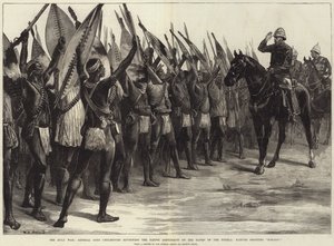 Wojna Zulusów, generał lord Chelmsford przegląda tubylczy kontyngent na brzegach Tugela, tubylcy krzyczą H-H-Ooo! autorstwa William Heysham Overend