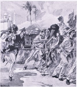 Brygada morska z HMS Shannon w Lucknow, listopad 1857, ilustracja z brytyjskich bitew lądowych i morskich, 1915