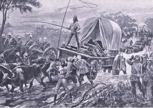 Zulu War: Estowe Relief Force przekraczające strumień, kwiecień 1879, ilustracja z brytyjskich bitew na lądzie i morzu, 1915