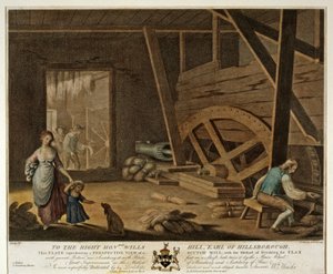Widok wnętrza tartaku, płyta V irlandzkiej manufaktury lnianej, 1791,