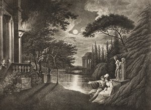 Belmont, Aleja do domu Portii, akt III, scena I, z „Kupca weneckiego”, z The Boydell Shakespeare Gallery, wydana pod koniec XIX wieku autorstwa William Hodges