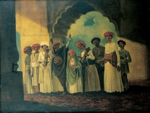 Grupa indyjskich muzyków grających sarangi, tamburę i tablas z dziewczyną tańczącą na tarasie