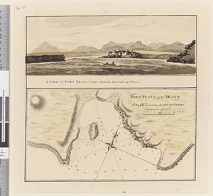 Strona 3a Mapa Port Praya na wyspie St Jago, Wyspy Zielonego Przylądka. Zatytułowany „Port Praya na wyspie St Jago jeden z Cape de Verds sic Skala od 2 do 1/2 mili” / Widok Port Praya wzięty z miejsca zakotwiczenia”. autorstwa William Hodges