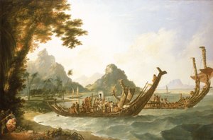 Łodzie wojenne z wyspy Otaheite (Tahiti) i Wysp Towarzystwa, z widokiem na część portu Ohaneneno na wyspie Ulieta, jednej z Wysp Towarzystwa. autorstwa William Hodges