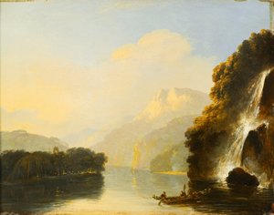 Wodospad w zatoce Dusky Bay z maoryskim kajakiem autorstwa William Hodges