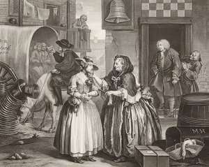 Postępy nierządnicy / Der Weg einer Dirne, Blatt 1: Ankunft in London. 1732 autorstwa William Hogarth