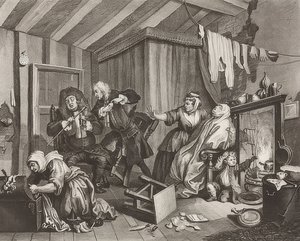 Postęp nierządnicy / Droga dziwki. Arkusz 5: Śmierć. 1732 autorstwa William Hogarth