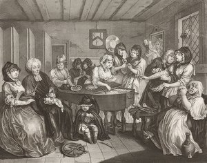 Postęp nierządnicy / Droga dziwki. Arkusz 6: Pogrzeb. 1732 autorstwa William Hogarth