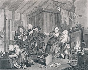 Postęp nierządnicy, płyta piąta: wygasa, podczas gdy lekarze dyskutują, 1732 (akwaforta i grawerowanie) autorstwa William Hogarth
