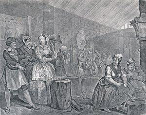 Postęp nierządnicy, płyta czwarta: Scena w Bridewell, 1732 (akwaforta i grawerowanie) autorstwa William Hogarth
