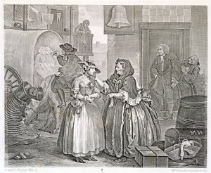 Postępy nierządnicy, plansza pierwsza: Uwięziona przez prostytutkę, 1732 (akwaforta i rycina) autorstwa William Hogarth