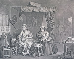 Postęp nierządnicy, płyta trzecia: Pojmany przez sędziego, 1732 (akwaforta i grawerowanie) autorstwa William Hogarth