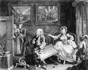 Postęp nierządnicy, płyta II, Kłótnie z jej żydowskim obrońcą autorstwa William Hogarth