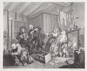 Postęp nierządnicy, tablica V, z "The Original and Genuine Works of William Hogarth", wydanej w Londynie w latach 1820-22 autorstwa William Hogarth