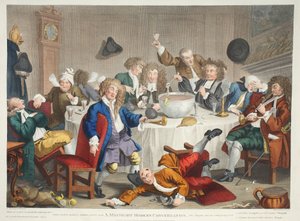 A Midnight Modern Conversation, ilustracja z „Hogarth Restored: The Whole Works of the sławny William Hogarth, ponownie grawerowany przez Thomasa Cooka”, wyd. 1812 (grawerowanie ręcznie kolorowane) autorstwa William Hogarth