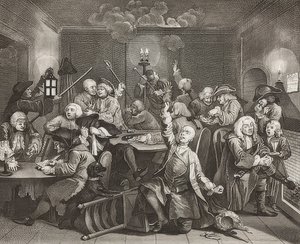 A Rake?s Progress, Plate 6: The Rake at a Gaming House / Der Weg eines Liederlichen, Blatt 6: Tom Rakewell in einer Spielhölle. 1735 autorstwa William Hogarth