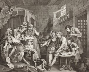 A Rake?S Progress, karta 7: The Rake in Prison / The Path of a Verbosome, Sheet 7: Tom Rakewell w więzieniu. 1735 autorstwa William Hogarth