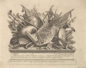 Stojak na broń, instrumenty muzyczne itp., marzec 1749-50. autorstwa William Hogarth