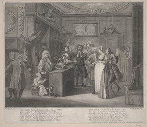 Kobieta przysięgająca dziecko obywatelowi grobu, ok. 1730-1735 (akwaforta) autorstwa William Hogarth
