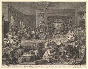 Rozrywka wyborcza, płyta I: Cztery druki z wyborów, luty 1755. autorstwa William Hogarth