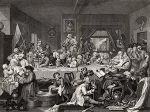 Rozrywka wyborcza, grawerowana przez T.E. Nicholson, z „Dzieła Williama Hogartha”, opublikowane w 1833 r. autorstwa William Hogarth