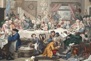 An Election Entertainment, ilustracja z „Hogarth Restored: The Whole Works of the sławny William Hogarth, ponownie grawerowany przez Thomasa Cooka”, wyd. 1812 (grawerowanie ręcznie kolorowane) autorstwa William Hogarth