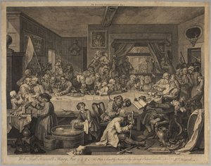 Uczta wyborcza, tablica 1 z serii Cztery ryciny z wyborów autorstwa William Hogarth