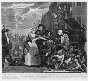 Aresztowany za dług, tablica V z „Postępu grabieży”, 1735 autorstwa William Hogarth
